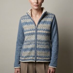 LL Bean Womens Blue Fair Isle Lambswool Sherpa Lined Zip Sweater Jacket S 273038